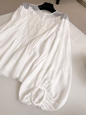 Silk Lace Embroidered Bubble Sleeve Top