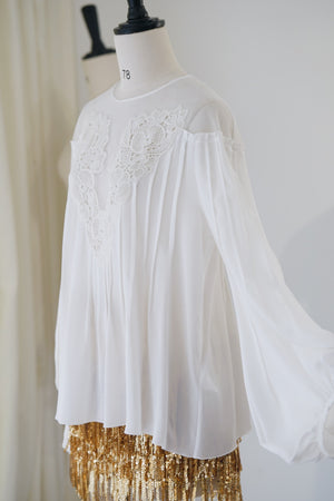 Silk Lace Embroidered Bubble Sleeve Top