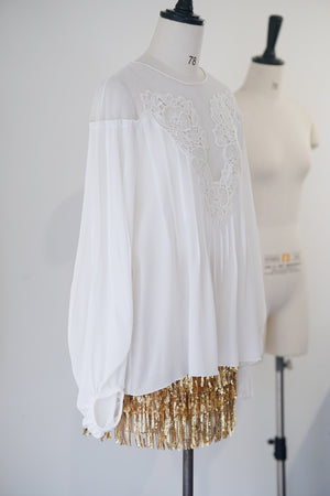 Silk Lace Embroidered Bubble Sleeve Top