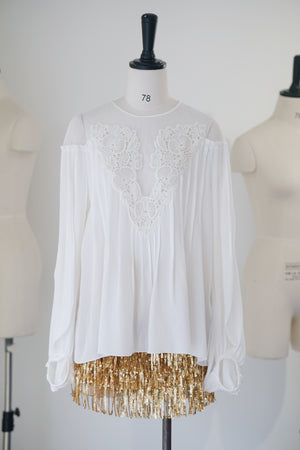 Silk Lace Embroidered Bubble Sleeve Top