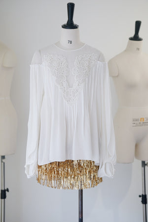 Silk Lace Embroidered Bubble Sleeve Top
