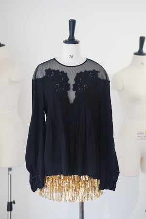 Silk Lace Embroidered Bubble Sleeve Top