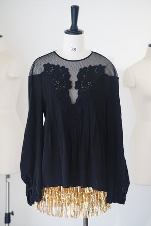 Silk Lace Embroidered Bubble Sleeve Top