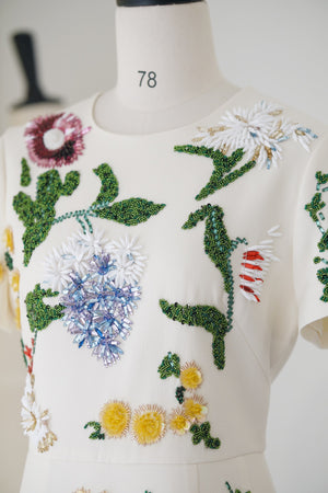 Spring/Summer 24 Rhinestone Flower Embroidery Silk Wool Dress
